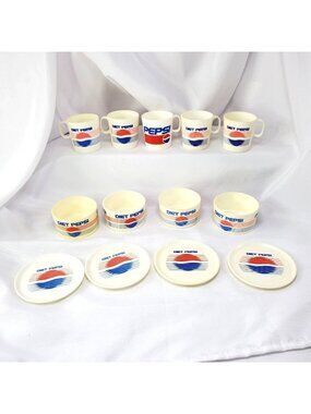 VTG Pepsi and Diet Pepsi Pretend Play Cups Plates Bowls 12 Piece Made in USA